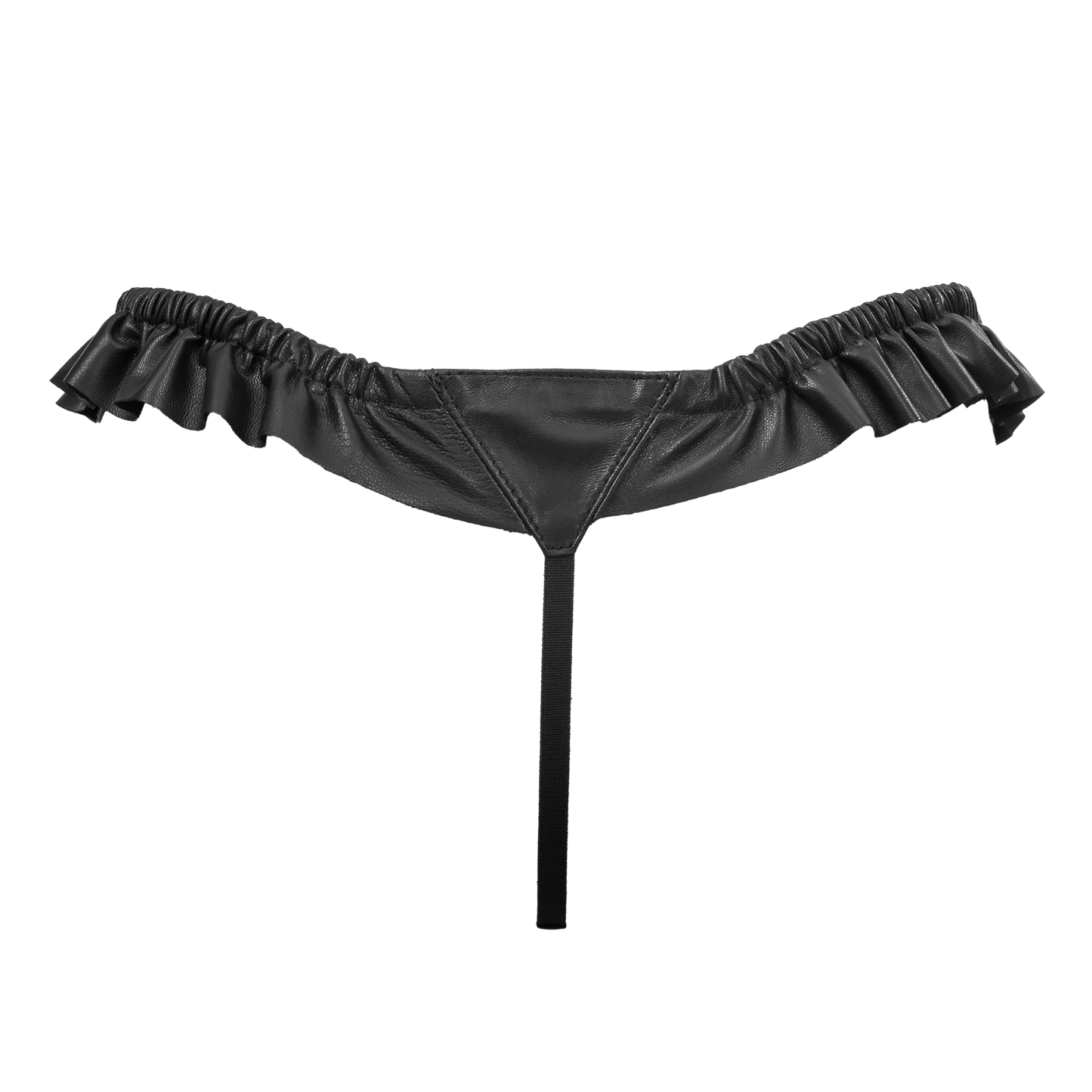 Rimba - Luxe Lederen Dames String met Ruches - Rekbare Bandjes - Zwart-Erotiekvoordeel.nl