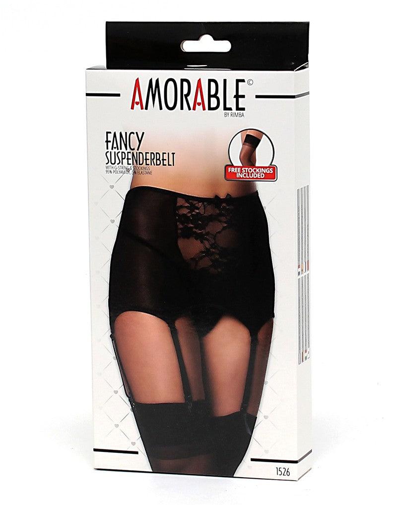 Amorable - Vintage Stijl Jarretelgordel Met String En Kousen - Zwart - Verkrijgbaar in de Maten S/M en M/L-Erotiekvoordeel.nl