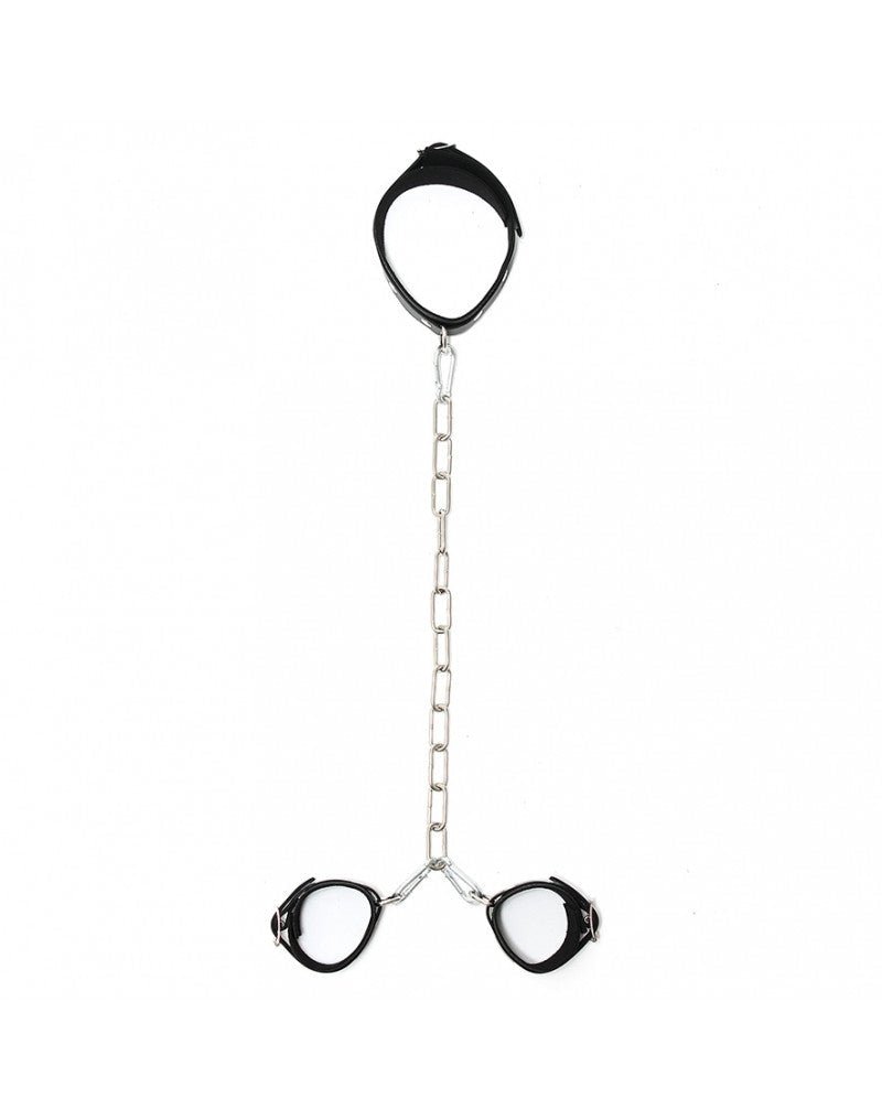 Boeienset leer collar en handboeien met metalen verbindingsketting en karabijnhaken - Erotiekvoordeel.nl