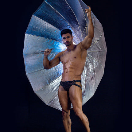 Cut4Men - Sexy Kanten Jockstrap - PU-lederen Bandjes - Zwart-Erotiekvoordeel.nl
