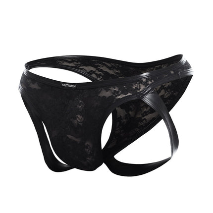 Cut4Men - Sexy Kanten Jockstrap - PU-lederen Bandjes - Zwart-Erotiekvoordeel.nl