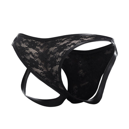 Cut4Men - Sexy Kanten Jockstrap - PU-lederen Bandjes - Zwart-Erotiekvoordeel.nl