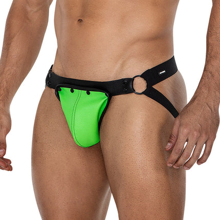 Cut4Men - Jock Snap - Jockstrap met Drukknoopjes - PU-Leder - Neon/Zwart-Erotiekvoordeel.nl