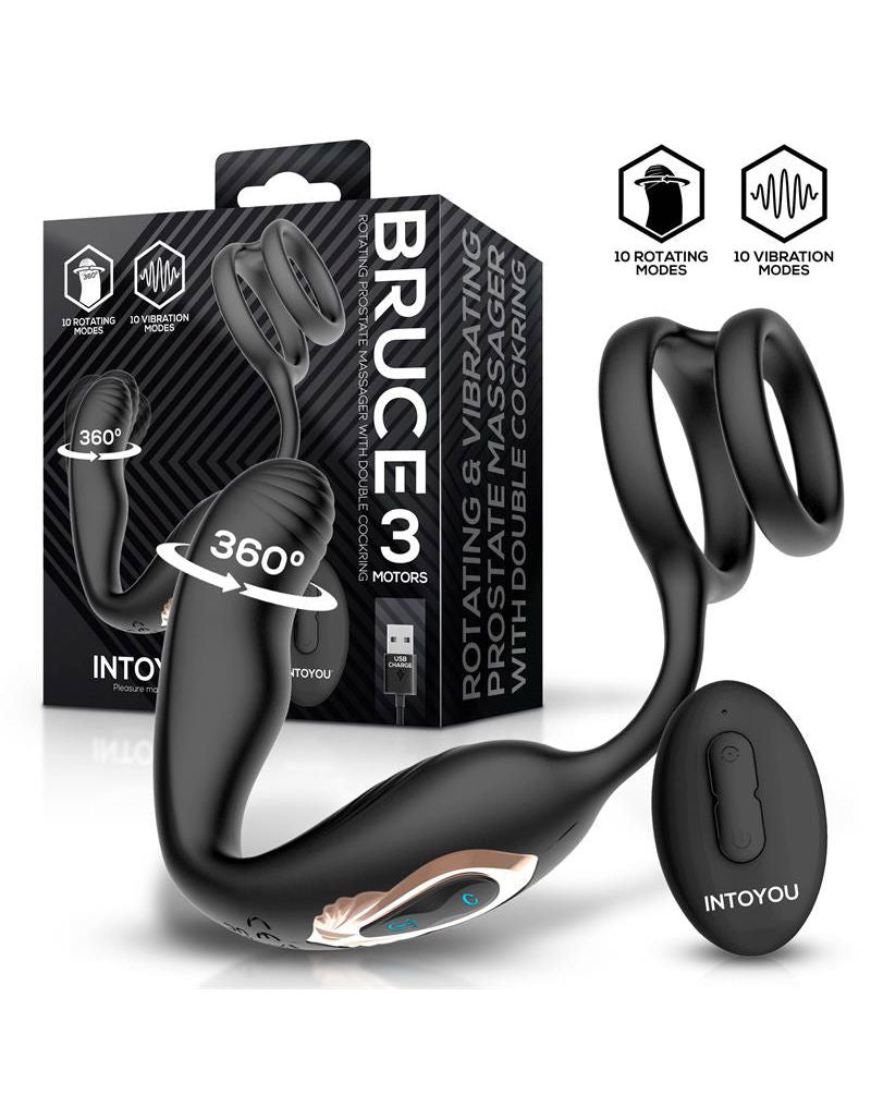 IY - Bruce - Masajeador de próstata 360° - Con doble anillo para el pene - Negro