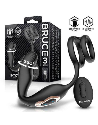 IY - Bruce - Masajeador de próstata 360° - Con doble anillo para el pene - Negro