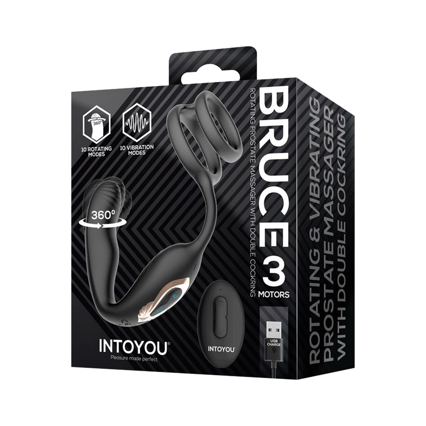 IY - Bruce - Masajeador de próstata 360° - Con doble anillo para el pene - Negro