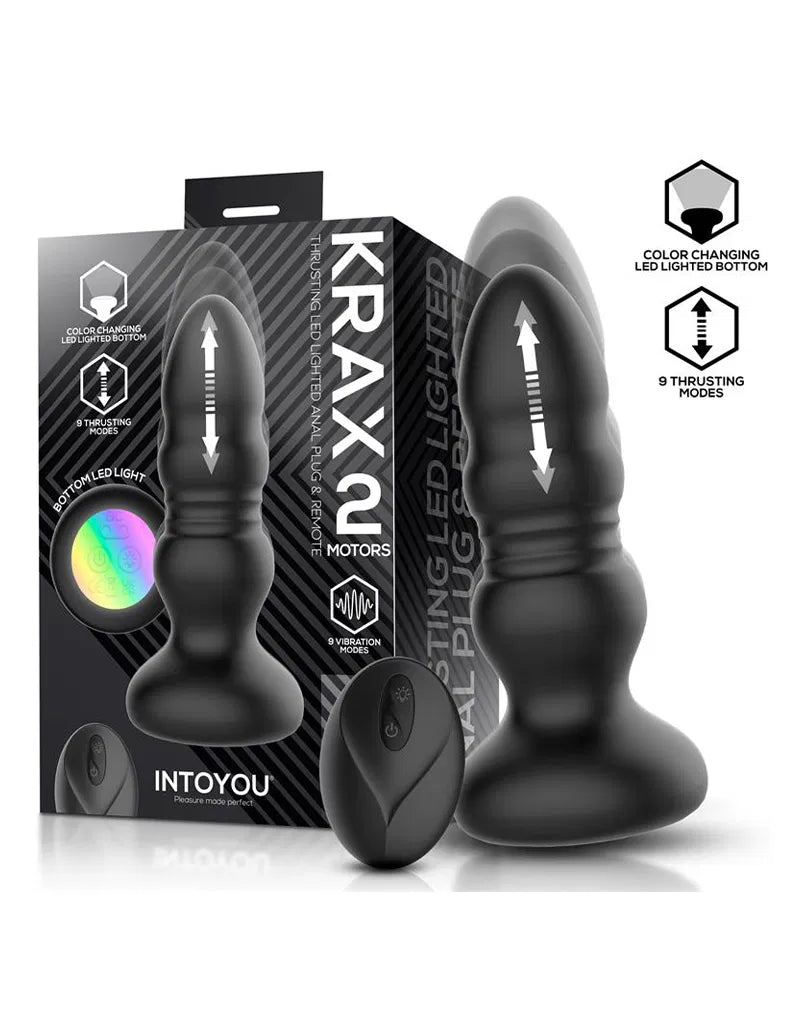 IY - Krax - Butt Plug with Vibration and Thrusting Motion - With LED Light - Black