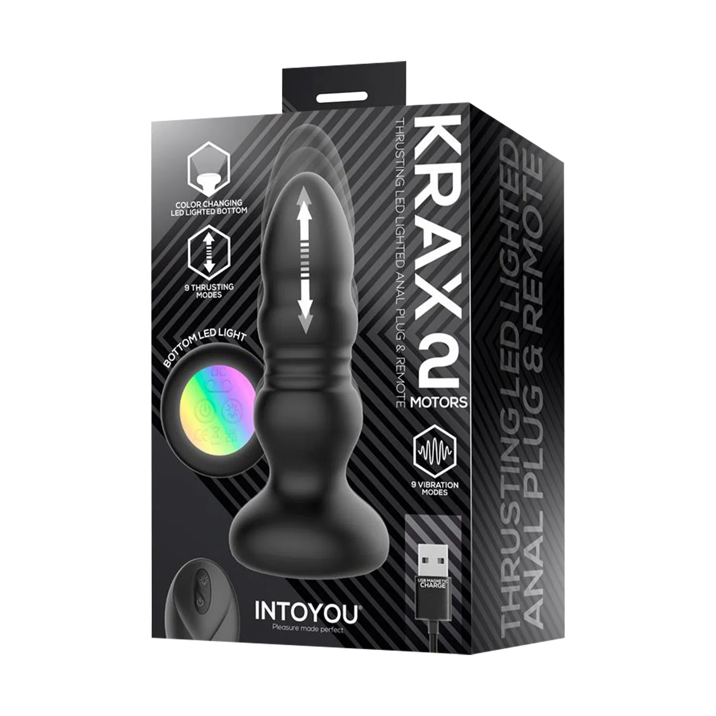 IY - Krax - Butt Plug with Vibration and Thrusting Motion - With LED Light - Black