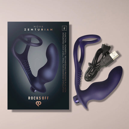 Rocks-Off - Nova Zenturian - Prostaatplug met penis- en testikelringen - Blauw