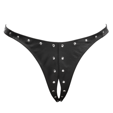Rimba - Lederen Dames String met Open Kruis - Gedecoreerd met Studs - Zwart-Erotiekvoordeel.nl