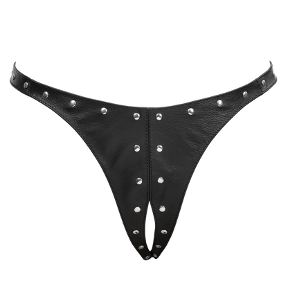 Rimba - Lederen Dames String met Open Kruis - Gedecoreerd met Studs - Zwart-Erotiekvoordeel.nl