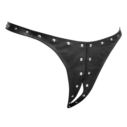 Rimba - Lederen Dames String met Open Kruis - Gedecoreerd met Studs - Zwart-Erotiekvoordeel.nl