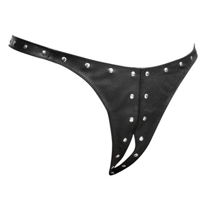 Rimba - Lederen Dames String met Open Kruis - Gedecoreerd met Studs - Zwart-Erotiekvoordeel.nl