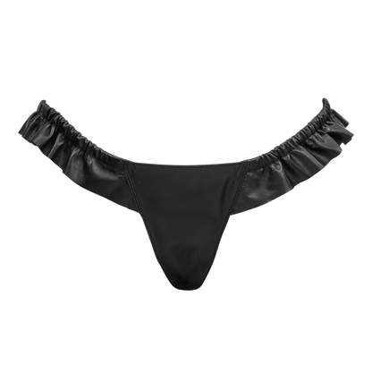 Rimba - Luxe Lederen Dames String met Ruches - Rekbare Bandjes - Zwart-Erotiekvoordeel.nl