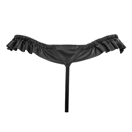 Rimba - Luxe Lederen Dames String met Ruches - Rekbare Bandjes - Zwart-Erotiekvoordeel.nl
