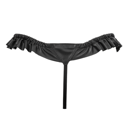 Rimba - Luxe Lederen Dames String met Ruches - Rekbare Bandjes - Zwart-Erotiekvoordeel.nl