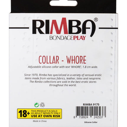 Rimba - Halsband - Collar Met Tekst - WHORE - Siliconen - Zwart-Erotiekvoordeel.nl