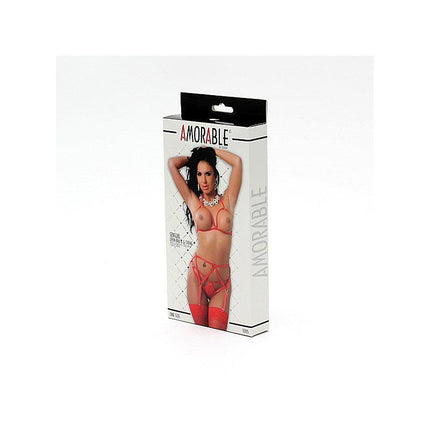 Amorable - Bandjes Lingerieset - Open BH - String - Jarretelles En Kousen - Rood-Erotiekvoordeel.nl