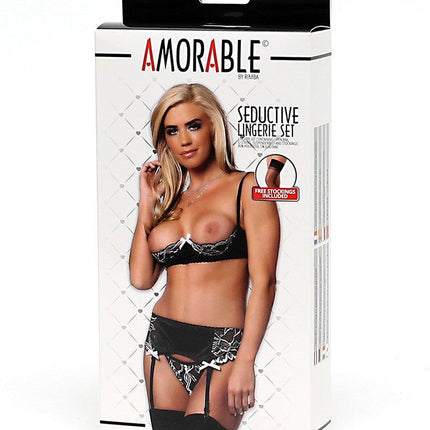 Amorable - Open Cup BH - Incl. String, Jarretelgordel en Kousen - Zwart/Wit-Erotiekvoordeel.nl