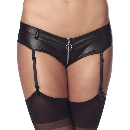 Amorable - Erotische Slip - Wetlook Hotpants Met Rits In Kruis inclusief Jarretels En Kousen - One Size-Erotiekvoordeel.nl