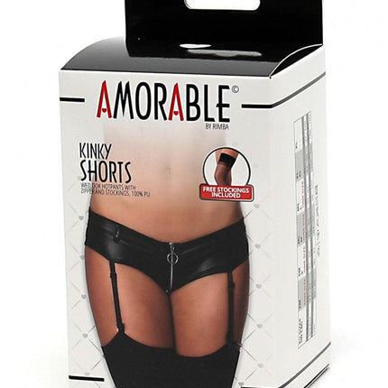 Amorable - Erotische Slip - Wetlook Hotpants Met Rits In Kruis inclusief Jarretels En Kousen - One Size-Erotiekvoordeel.nl