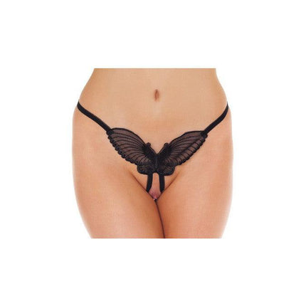 Amorable - Luxe Kanten Vlinder String Met Open Kruis - Zwart-Erotiekvoordeel.nl