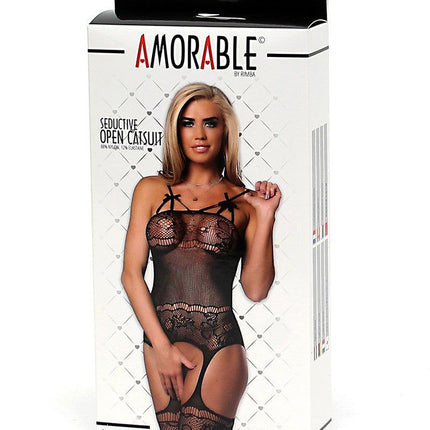 Amorable - Visnet Catsuit Met schouderbandjes En jarretelKousen - Zwart-Erotiekvoordeel.nl