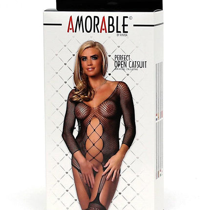 Amorable - Visnet Kanten Catsuit Met Jarretelkousen - Zwart-Erotiekvoordeel.nl