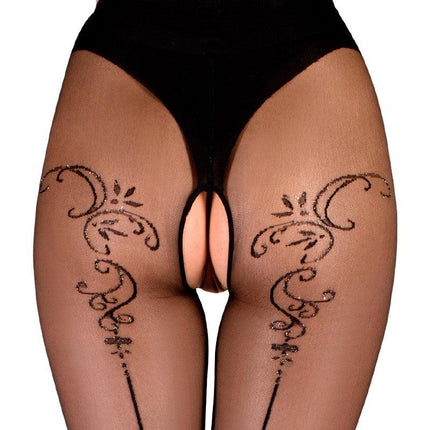 Ballerina - Open Kruis Panty - Flower Scrolls - 20 denier - Zwart-Erotiekvoordeel.nl