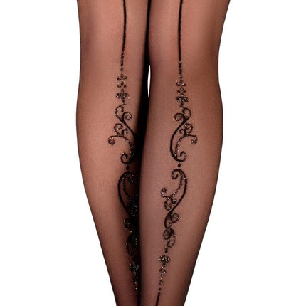 Ballerina - Open Kruis Panty - Flower Scrolls - 20 denier - Zwart-Erotiekvoordeel.nl