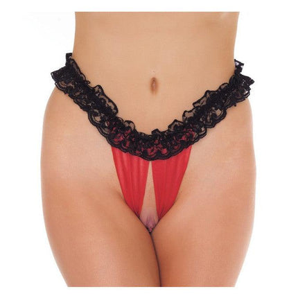 Amorable - Burlesque Slipje Met Kanten Ruche En Open Kruis - Zwart/Rood-Erotiekvoordeel.nl