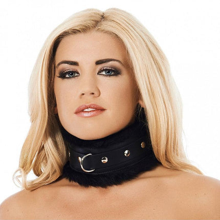 Rimba - Collar Leer Breed En Gevoerd Met Kunstbont - Zwart-Erotiekvoordeel.nl