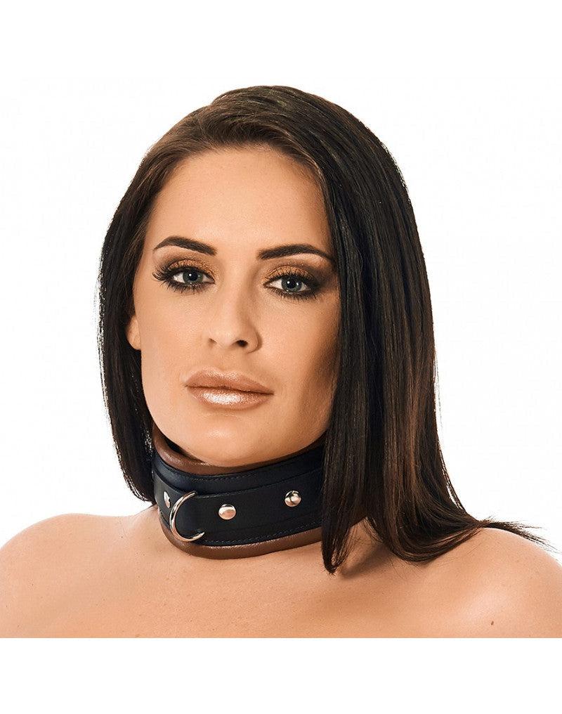 Rimba Bondage Play - Halsband - Collar - Leer Gevoerd - 7cm Breed - Zwart/Bruin-Erotiekvoordeel.nl