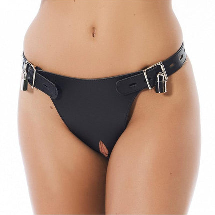 Rimba Bondage Play - Kuisheidsgordel voor Vrouwen Met Hangsloten En plasgaatje - Verkrijgbaar in maten S/M en M/L - Leer - Zwart-Erotiekvoordeel.nl