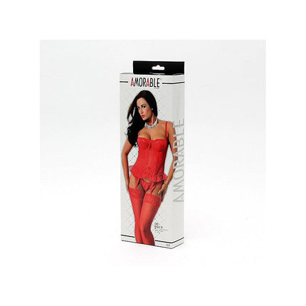 Amorable - Rood Kanten corset Met String En bijpassende Kousen-Erotiekvoordeel.nl