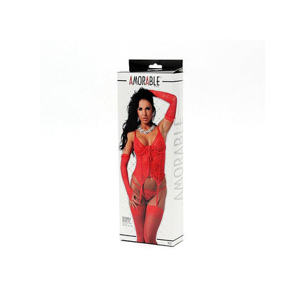 Amorable - Rood Kanten corset Met String, handschoenen En Kousen-Erotiekvoordeel.nl