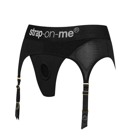 Strap-On-Me - Comfortabel Strap-on Voorbinddildo Harnas Van Microfiber Met Jarretels - Rebel - Zwart-Erotiekvoordeel.nl