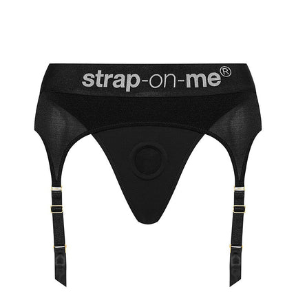 Strap-On-Me - Comfortabel Strap-on Voorbinddildo Harnas Van Microfiber Met Jarretels - Rebel - Zwart-Erotiekvoordeel.nl