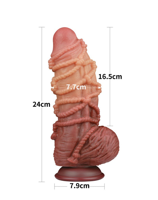 LoveToy - XXL Extreme Dildo with Rope Motif - Length 24 cm - Brown/Nude