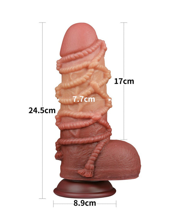 LoveToy - XXL Extreme Dildo with Rope Motif - Length 24.5 cm - Brown/Light Skin Color