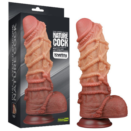 LoveToy - XXL Extreme Dildo met Touw Motief - Lengte 26.5 cm - Bruin/Lichte Huidskleur
