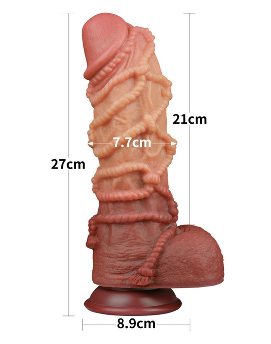 LoveToy - XXL Extreme Dildo with Rope Motif - Length 26.5 cm - Brown/Light Skin Color