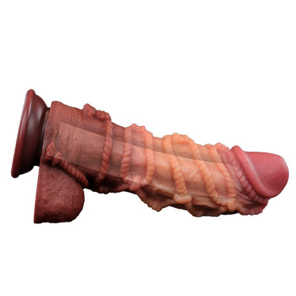 LoveToy - XXL Extreme Dildo met Touw Motief - Lengte 26.5 cm - Bruin/Lichte Huidskleur
