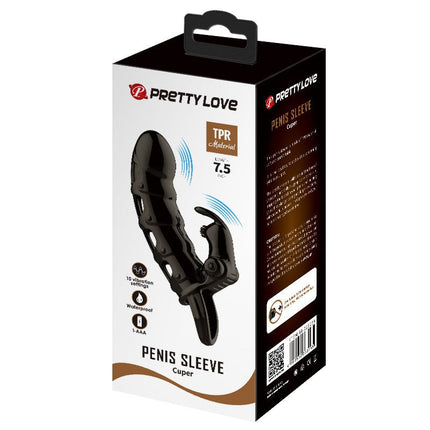 Pretty Love Penis Sleeve met Rabbit Clitoris Stimulator CUPER - zwart