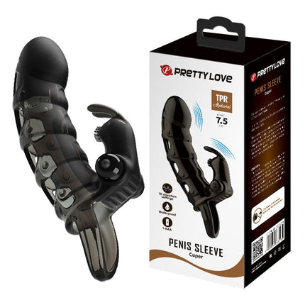 Pretty Love Penis Sleeve met Rabbit Clitoris Stimulator CUPER - zwart