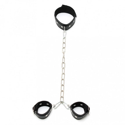 Boeienset leer collar en handboeien met metalen verbindingsketting en karabijnhaken - Erotiekvoordeel.nl
