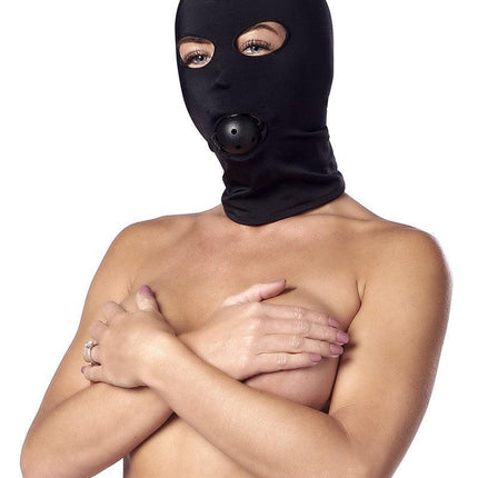 Elastisch hoofdmasker van soepele stof met ball gag - zwart - Erotiekvoordeel.nl