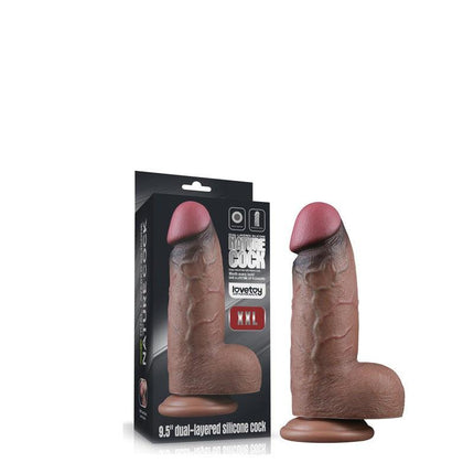 LoveToy - Dildo - Dubbellaagse Siliconen Dildo XXL - Lengte 24.6 cm - Diameter 7 cm - Bruin-Erotiekvoordeel.nl