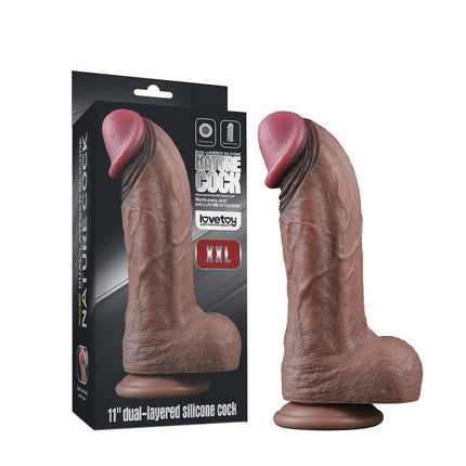 LoveToy - Dildo - Dubbellaagse Siliconen Dildo XXL - Lengte 28 cm - Diameter 7.4 cm - Bruin-Erotiekvoordeel.nl