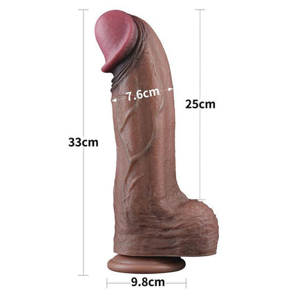 LoveToy - Dubbellaags Siliconen Dildo XXL - Lengte 33 cm - Diameter 5,5 cm - Bruin-Erotiekvoordeel.nl